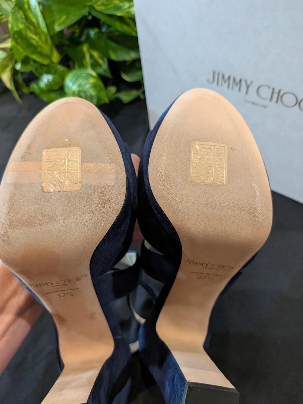 Jimmy Choo April 120 Women's Navy Suede Crisscross Platform High Block Heel